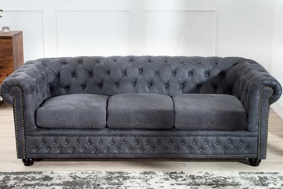 Design 3er Sofa CHESTERFIELD 200cm antik grau Federkern 3-Sitzer Loungesofa