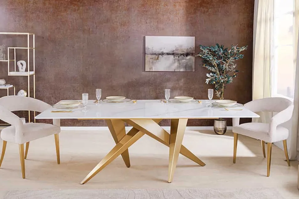 Design Esstisch ART LIVING 200cm weiß Marmor Keramik Metall brushed champagner gold