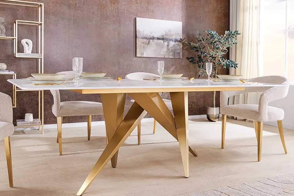 Design Esstisch ART LIVING 200cm weiß Marmor Keramik Metall brushed champagner gold