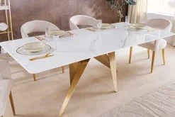 Design Esstisch ART LIVING 200cm weiß Marmor Keramik Metall brushed champagner gold