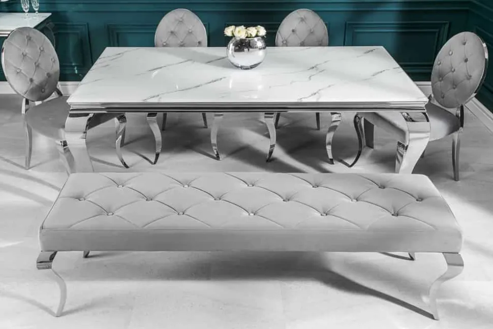 Design Esstisch MODERN BAROCK 200cm weiß chrom Glasplatte Marmor Edelstahlbeine