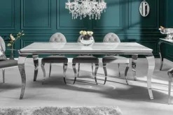 Design Esstisch MODERN BAROCK 200cm weiß chrom Glasplatte Marmor Edelstahlbeine