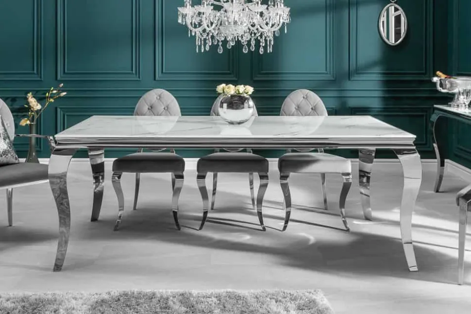 Design Esstisch MODERN BAROCK 200cm weiß chrom Glasplatte Marmor Edelstahlbeine