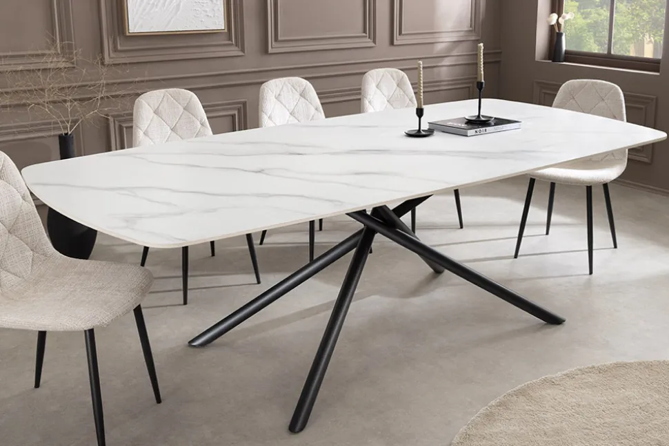 Design Esstisch OSAKA 160cm weiß Keramik schwarz Sterngestell Metall