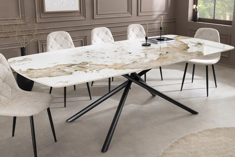 Design Esstisch OSAKA 160cm weiß schwarz Pandora Keramik Sterngestell Metall