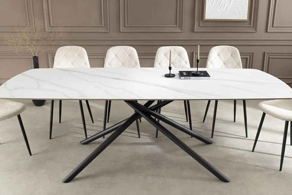 Design Esstisch OSAKA 200cm weiß Keramik schwarz Sterngestell Metall