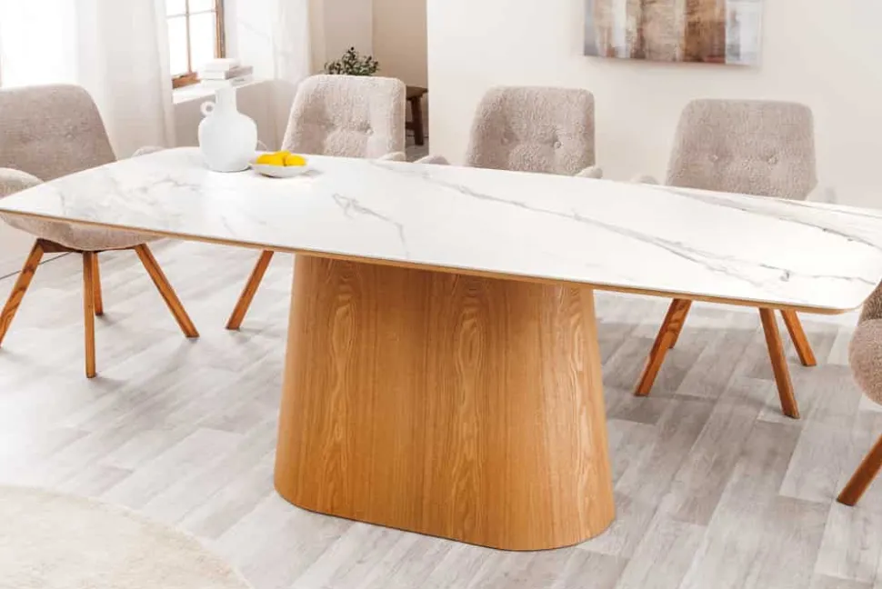 Design Esstisch UNIQUE 200cm weiß Eiche Keramik Marmor Säulenfuß