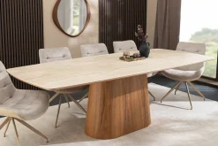 Design Esstisch UNIQUE 200cm natur braun Travertin Keramik Eichenholz Säulenfuß