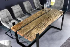 Design Glas Esstisch BARRACUDA 220cm natur Teak Massivholz schwarz Kufengestell