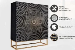 Design Highboard ILLUSION 120cm schwarz Mangoholz Massivholz mit 3D Schnitzereien gold Eisen Metallgestell