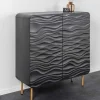 Design Highboard WAVE 120cm schwarz Mangoholz mit 3D Schnitzereien mattgold Metallbeine