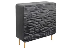 Design Highboard WAVE 120cm schwarz Mangoholz mit 3D Schnitzereien mattgold Metallbeine