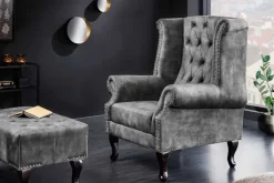 Design Ohrensessel CHESTERFIELD 105cm grau Samt silber Nieten