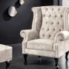 Design Ohrensessel CHESTERFIELD 105cm champagner beige Samt silber Ziernieten
