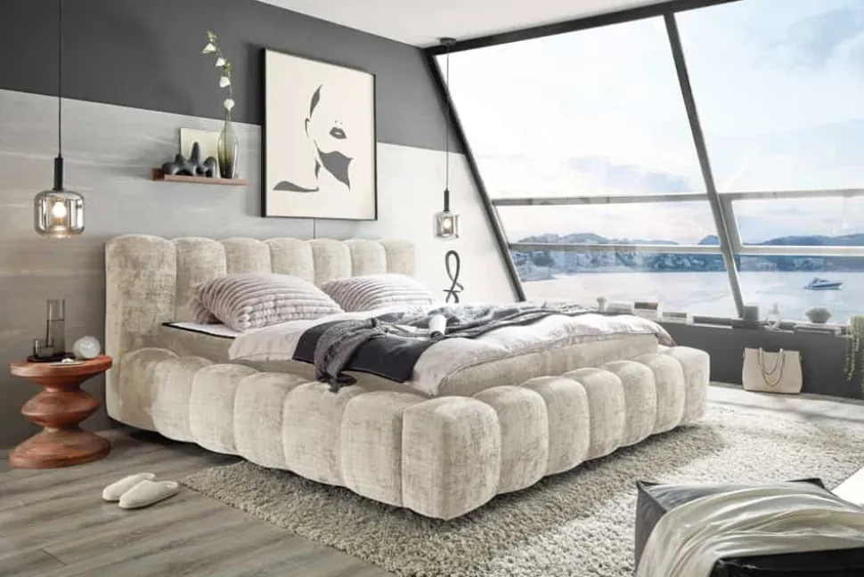 Design Polsterbett DIAMOND 180x200cm weiß Chenille Cremona inkl. Matratze Topper Lattenrost