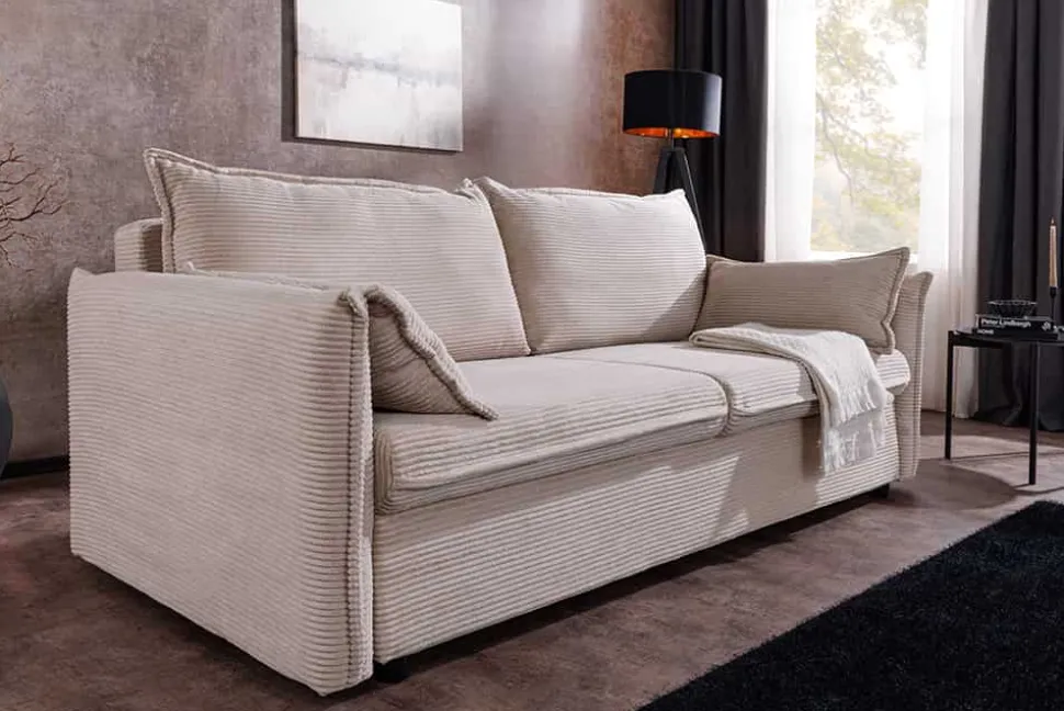 Design Schlafsofa APARTMENT 215cm beige Cord 3-Sitzer Couch inkl. Bettkasten Kissen