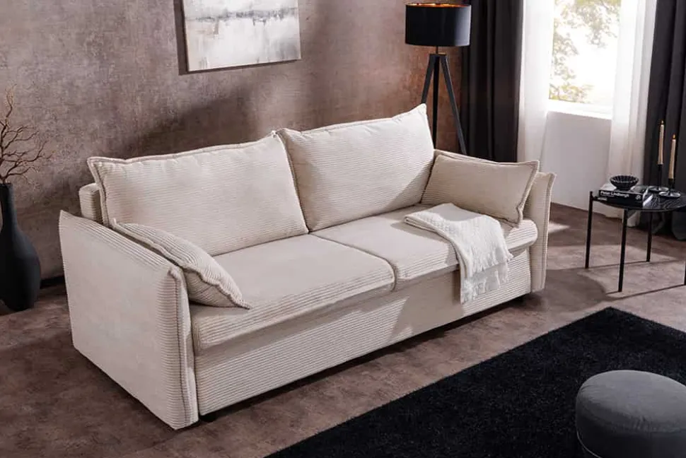 Design Schlafsofa APARTMENT 215cm beige Cord 3-Sitzer Couch inkl. Bettkasten Kissen