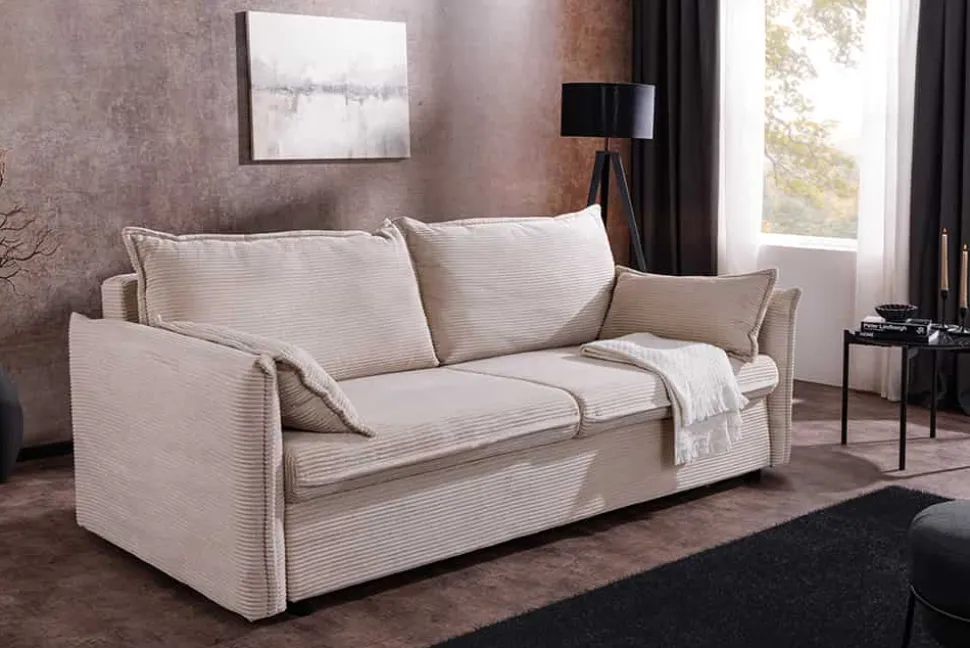 Design Schlafsofa APARTMENT 215cm beige Cord 3-Sitzer Couch inkl. Bettkasten Kissen