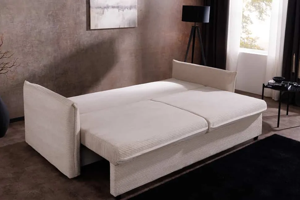 Design Schlafsofa APARTMENT 215cm beige Cord 3-Sitzer Couch inkl. Bettkasten Kissen