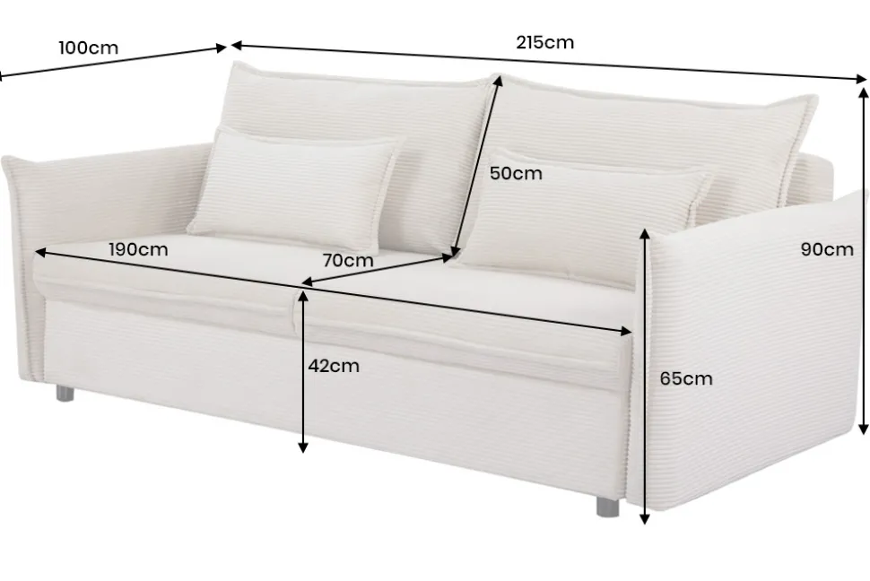 Design Schlafsofa APARTMENT 215cm beige Cord 3-Sitzer Couch inkl. Bettkasten Kissen