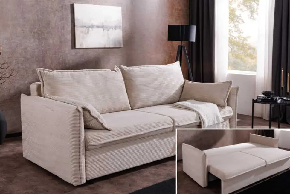 Design Schlafsofa APARTMENT 215cm beige Cord 3-Sitzer Couch inkl. Bettkasten Kissen