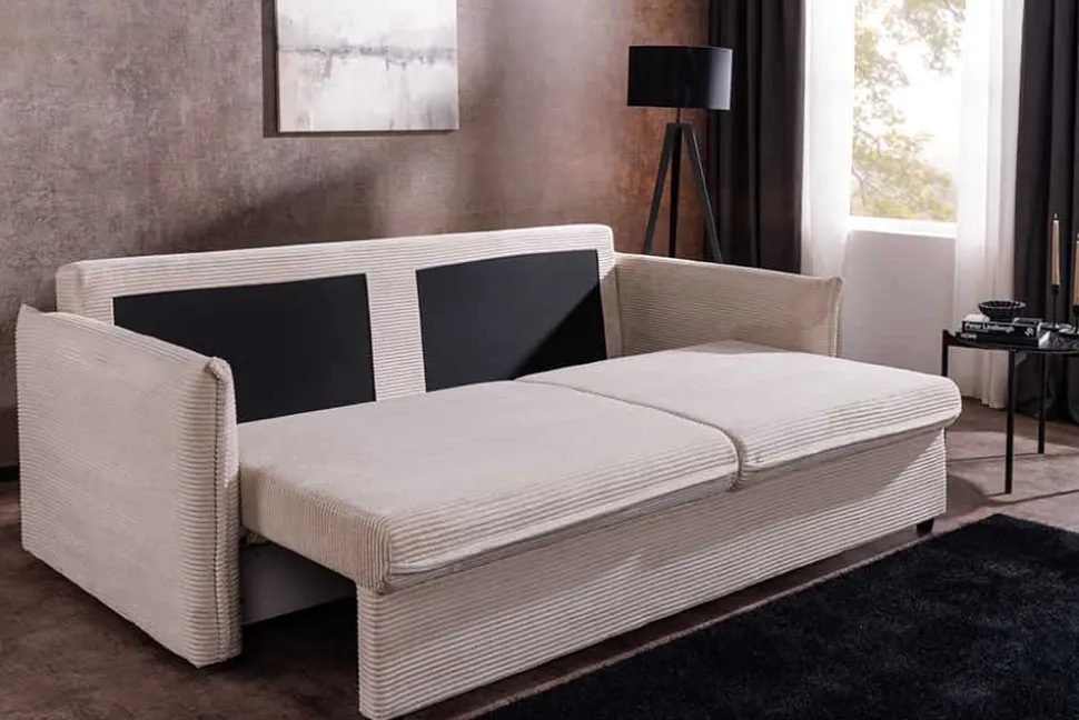 Design Schlafsofa APARTMENT 215cm beige Cord 3-Sitzer Couch inkl. Bettkasten Kissen