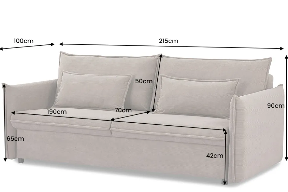 Design Schlafsofa APARTMENT 215cm taupe Cord 3-Sitzer Couch inkl. Bettkasten Kissen