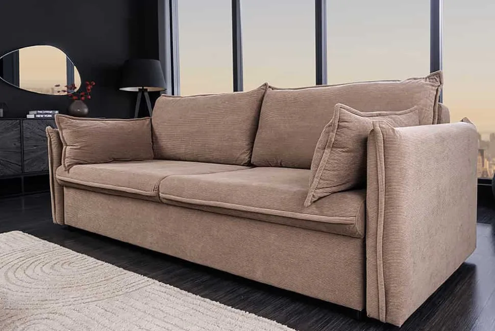 Design Schlafsofa APARTMENT 215cm taupe Cord 3-Sitzer Couch inkl. Bettkasten Kissen