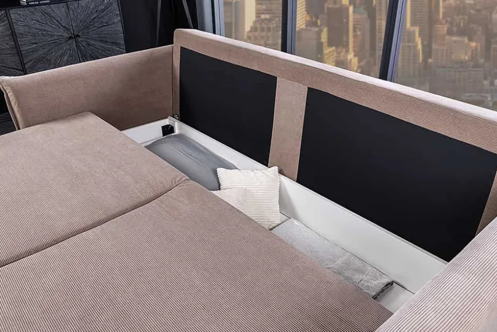 Design Schlafsofa APARTMENT 215cm taupe Cord 3-Sitzer Couch inkl. Bettkasten Kissen