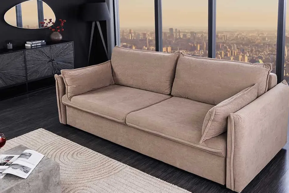 Design Schlafsofa APARTMENT 215cm taupe Cord 3-Sitzer Couch inkl. Bettkasten Kissen