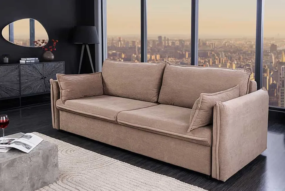 Design Schlafsofa APARTMENT 215cm taupe Cord 3-Sitzer Couch inkl. Bettkasten Kissen