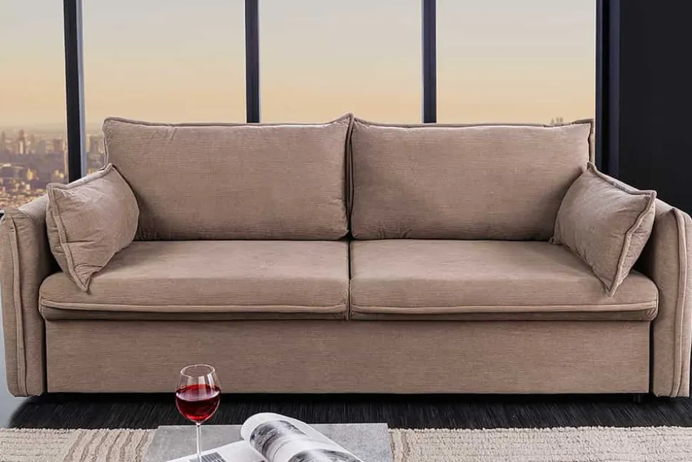 Design Schlafsofa APARTMENT 215cm taupe Cord 3-Sitzer Couch inkl. Bettkasten Kissen