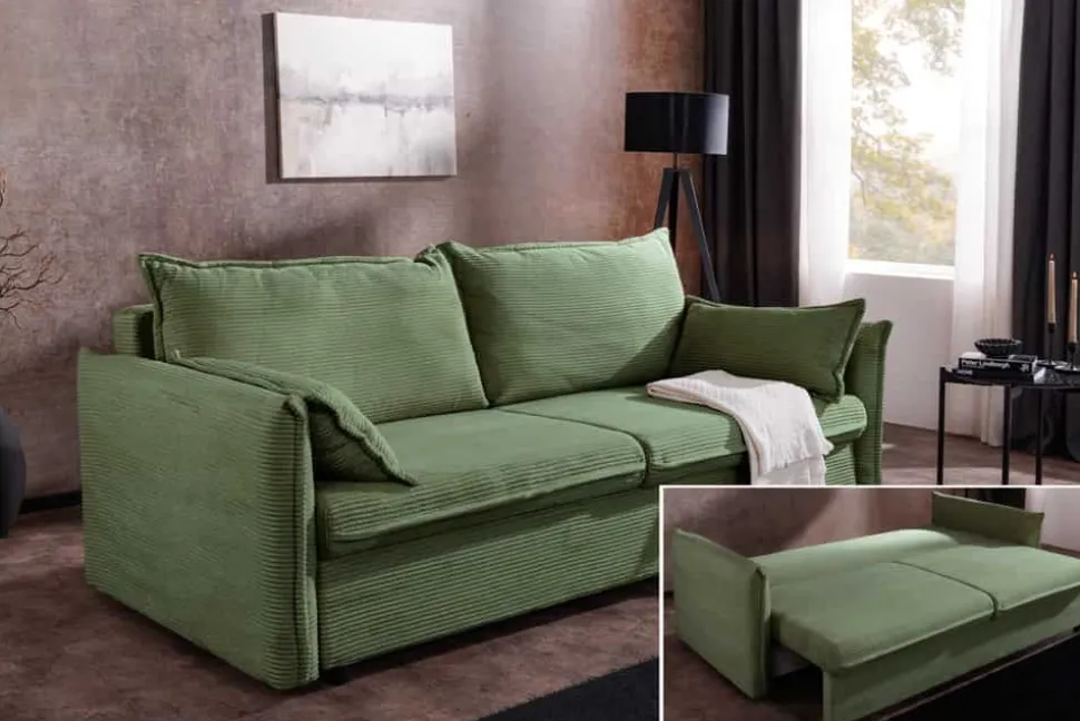 Design Schlafsofa APARTMENT 215cm grün Cord 3-Sitzer Couch inkl. Bettkasten Kissen