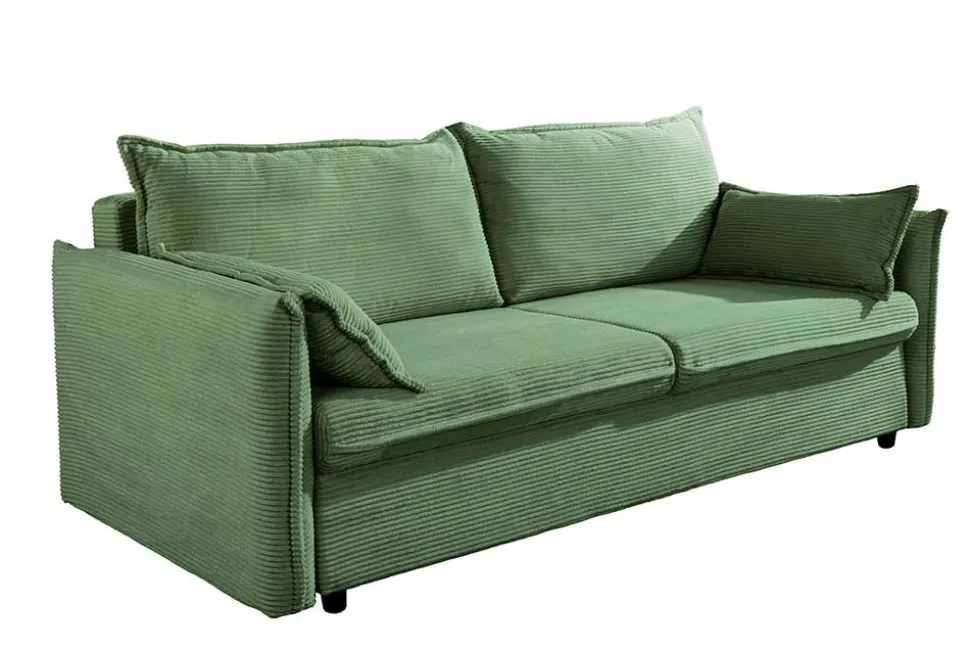 Design Schlafsofa APARTMENT 215cm grün Cord 3-Sitzer Couch inkl. Bettkasten Kissen