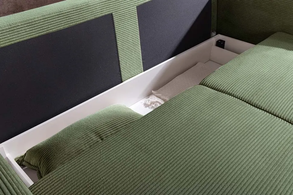 Design Schlafsofa APARTMENT 215cm grün Cord 3-Sitzer Couch inkl. Bettkasten Kissen