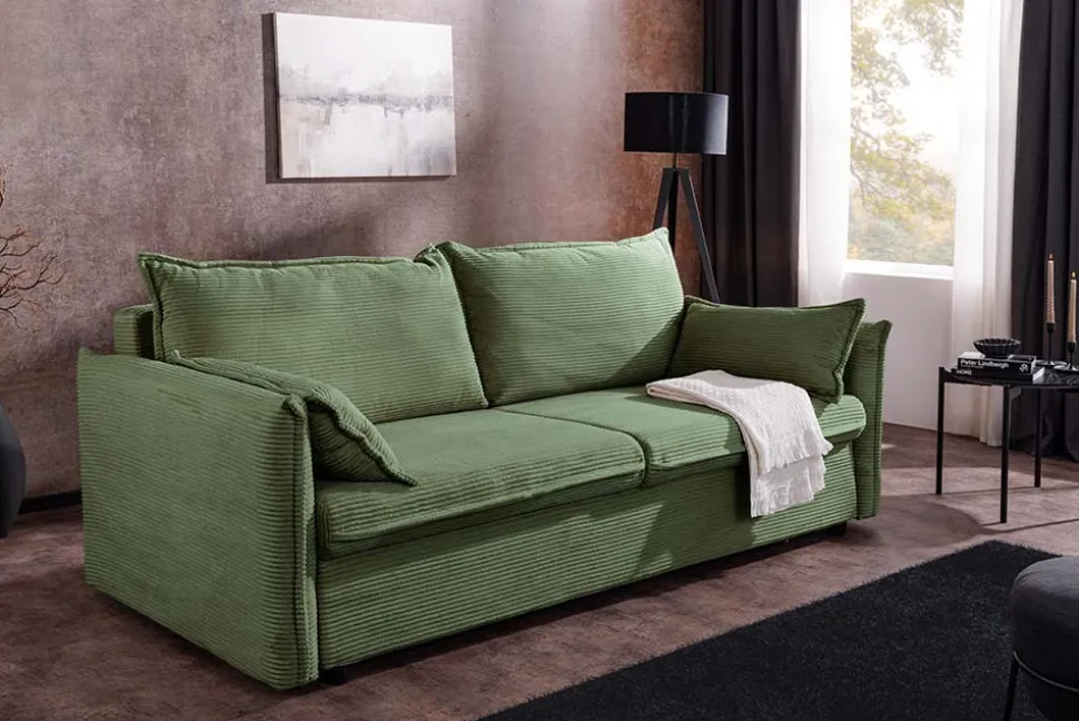Design Schlafsofa APARTMENT 215cm grün Cord 3-Sitzer Couch inkl. Bettkasten Kissen