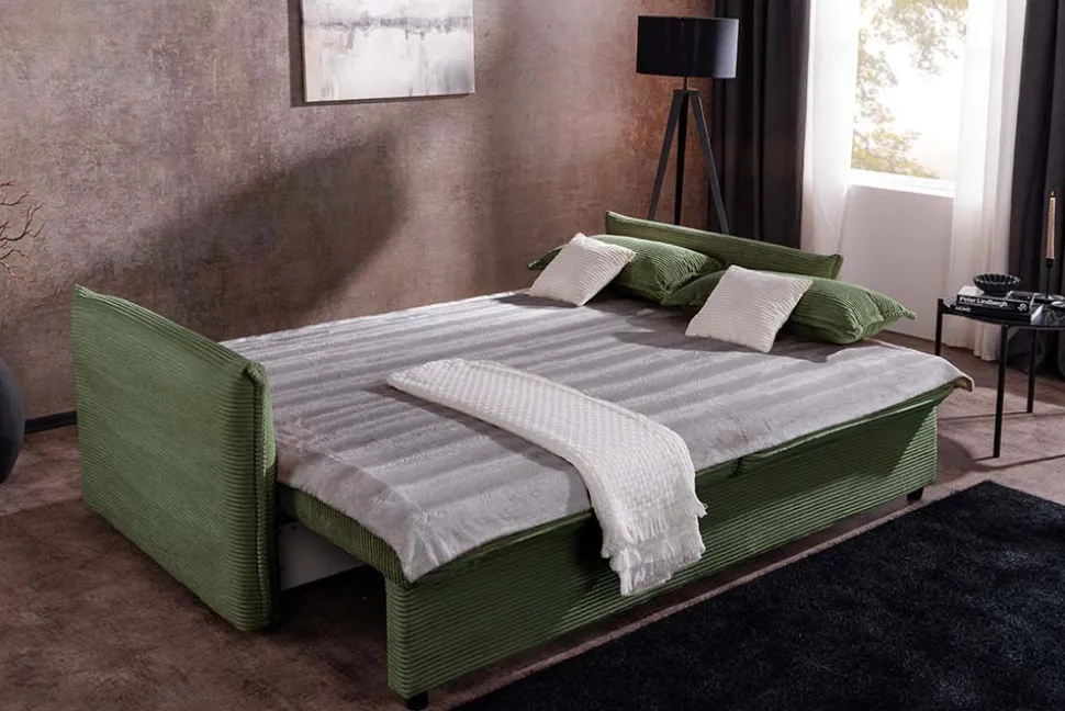 Design Schlafsofa APARTMENT 215cm grün Cord 3-Sitzer Couch inkl. Bettkasten Kissen