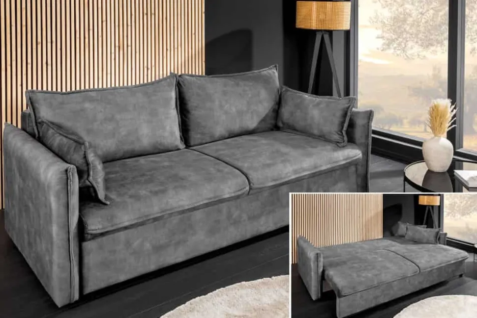 Design Schlafsofa APARTMENT 215cm grau Samt 3-Sitzer Couch inkl. Bettkasten Kissen