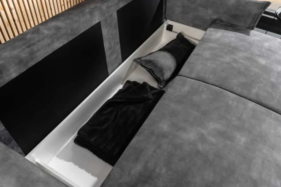 Design Schlafsofa APARTMENT 215cm grau Samt 3-Sitzer Couch inkl. Bettkasten Kissen