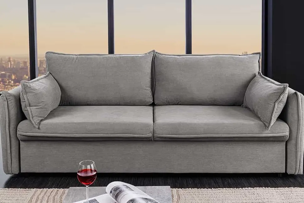 Design Schlafsofa APARTMENT 215cm grau Cord 3-Sitzer Couch inkl. Bettkasten Kissen
