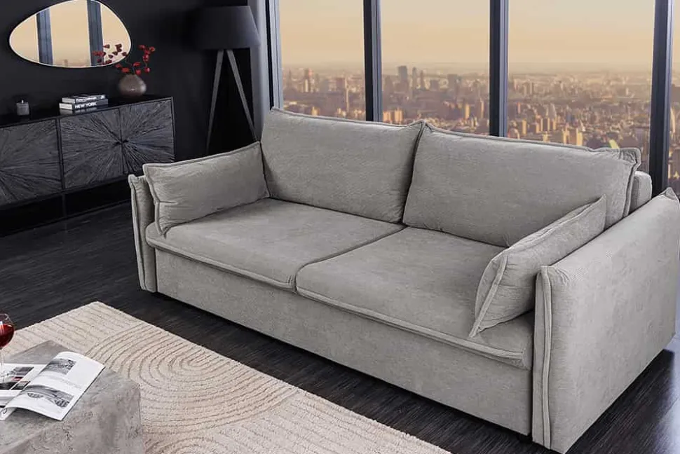 Design Schlafsofa APARTMENT 215cm grau Cord 3-Sitzer Couch inkl. Bettkasten Kissen