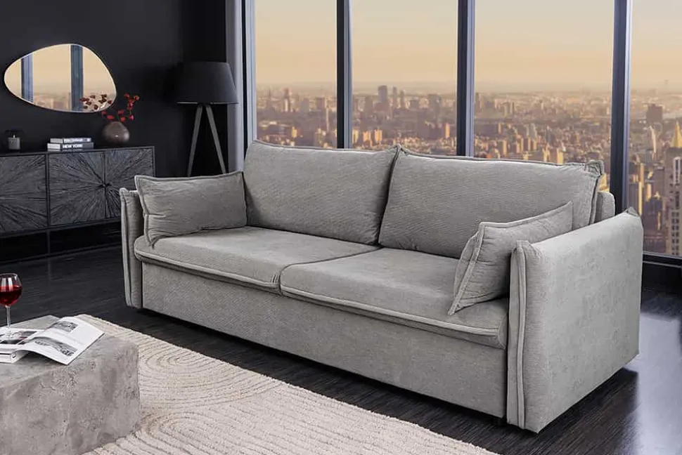 Design Schlafsofa APARTMENT 215cm grau Cord 3-Sitzer Couch inkl. Bettkasten Kissen