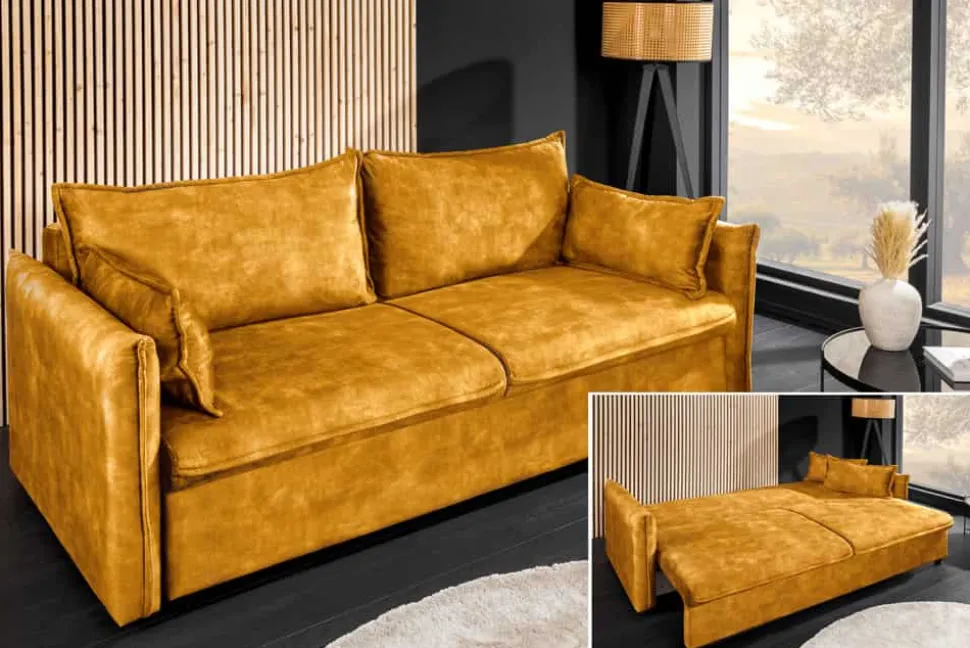 Design Schlafsofa APARTMENT 215cm senfgelb Samt 3-Sitzer Couch inkl. Bettkasten