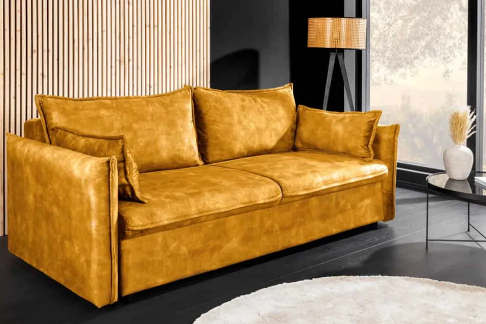 Design Schlafsofa APARTMENT 215cm senfgelb Samt 3-Sitzer Couch inkl. Bettkasten