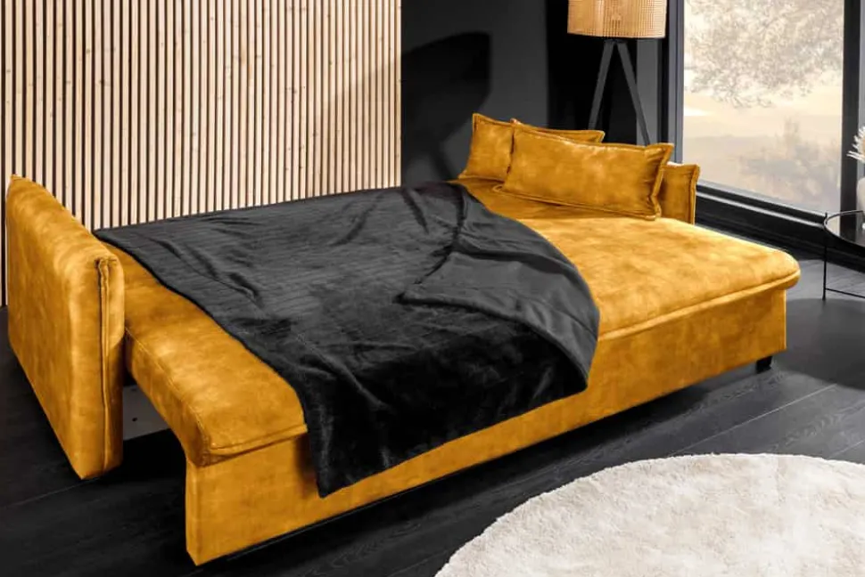Design Schlafsofa APARTMENT 215cm senfgelb Samt 3-Sitzer Couch inkl. Bettkasten