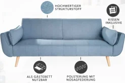 Design Schlafsofa DIVANI 220cm hellblau Strukturstoff Scandinavian 3-Sitzer mit Bettfunktion