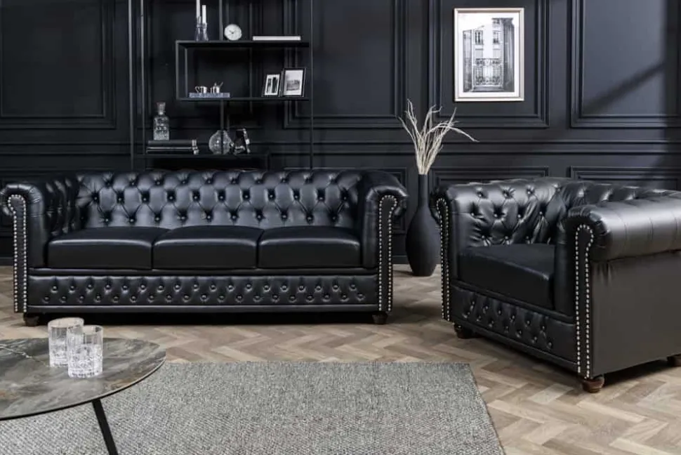 Design Sessel CHESTERFIELD 110cm matt schwarz Knopfheftung Federkern