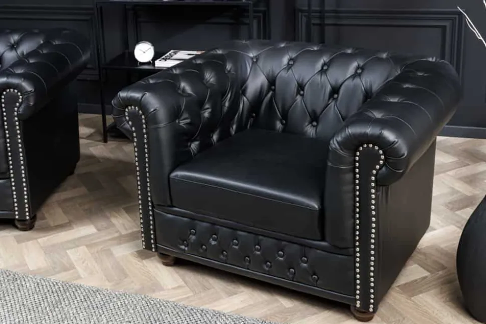 Design Sessel CHESTERFIELD 110cm matt schwarz Knopfheftung Federkern