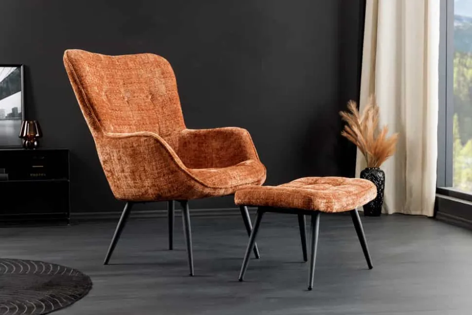 Design Sessel SCANDINAVIA rost braun Chenille Cremona schwarz Metall mit Armlehne