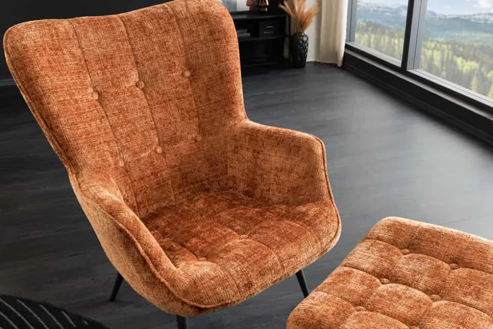 Design Sessel SCANDINAVIA rost braun Chenille Cremona schwarz Metall mit Armlehne